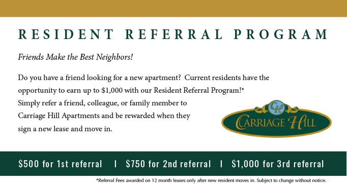 Resident Referral Reward at Carriage Hill Apartments Charlottesville
