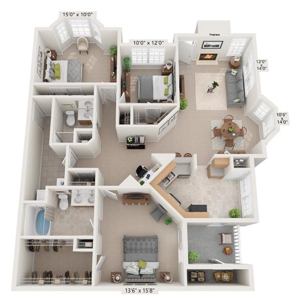 Three Bedroom Charlottesville Apartment - The Roosevelt Floor Plan